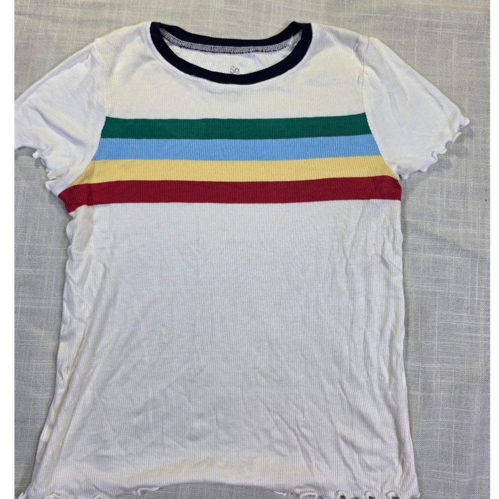 SO Ivory Rainbow Stripe Lettuce Edge Ribbed Tee Shirt DG91K301R Womens 16